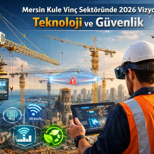 Mersin'de 2026 teknolojisine sahip kule vinç operatör kabininden şantiye ve şehir manzarası