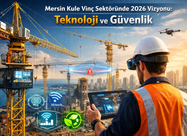 Mersin'de 2026 teknolojisine sahip kule vinç operatör kabininden şantiye ve şehir manzarası