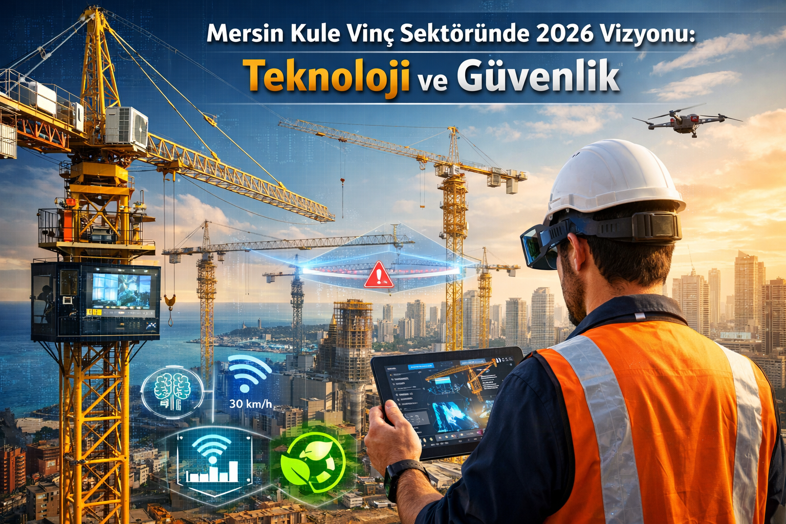 Mersin'de 2026 teknolojisine sahip kule vinç operatör kabininden şantiye ve şehir manzarası