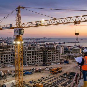Mersin'de gün batımında şantiyede çalışan Deha Kule Vinç ekipmanı