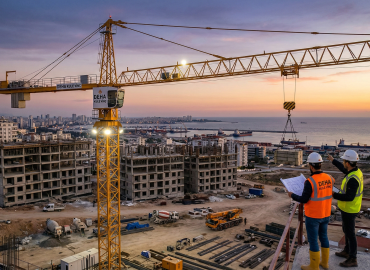 Mersin'de gün batımında şantiyede çalışan Deha Kule Vinç ekipmanı