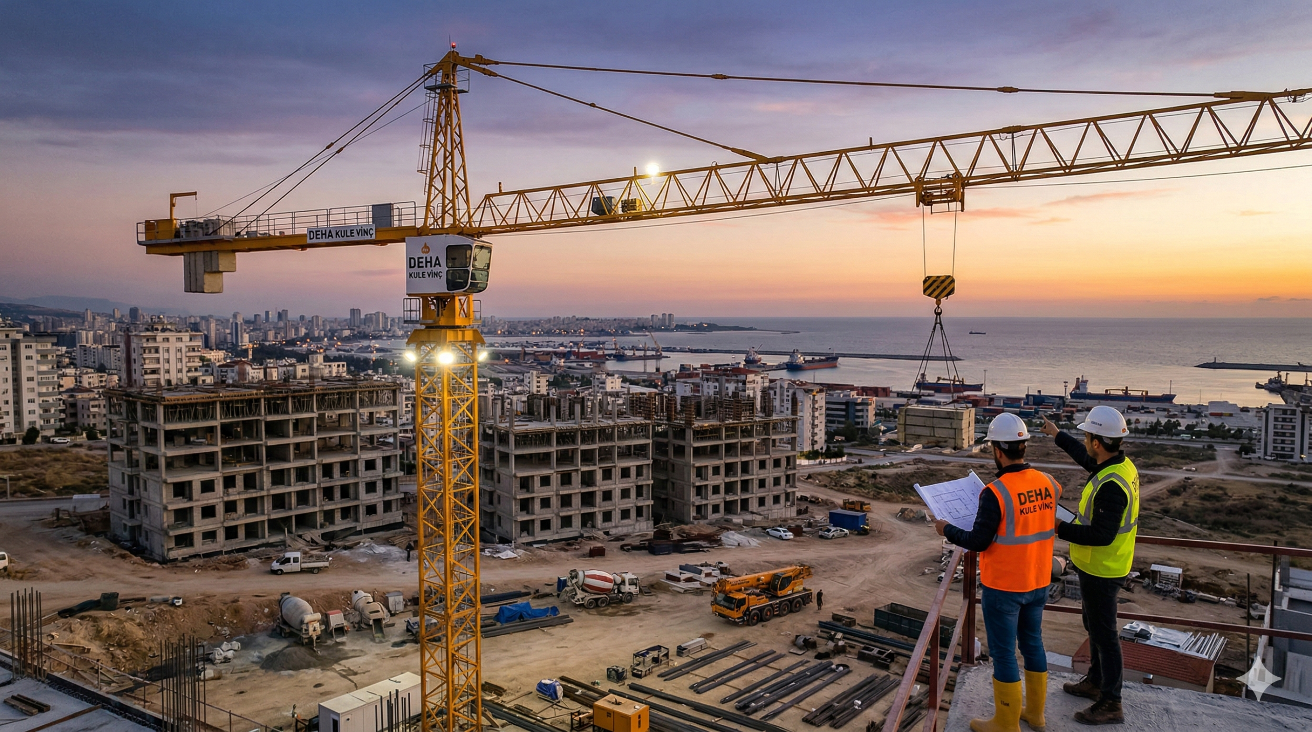 Mersin'de gün batımında şantiyede çalışan Deha Kule Vinç ekipmanı