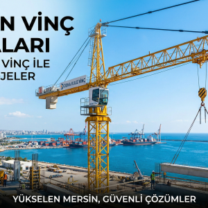 Mersin sahil şeridinde bir inşaat projesinde kurulu olan Deha Kule Vinç firmasına ait sarı kule vinç ve Mersin liman manzarası.