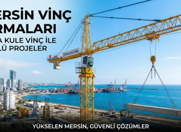 Mersin sahil şeridinde bir inşaat projesinde kurulu olan Deha Kule Vinç firmasına ait sarı kule vinç ve Mersin liman manzarası.