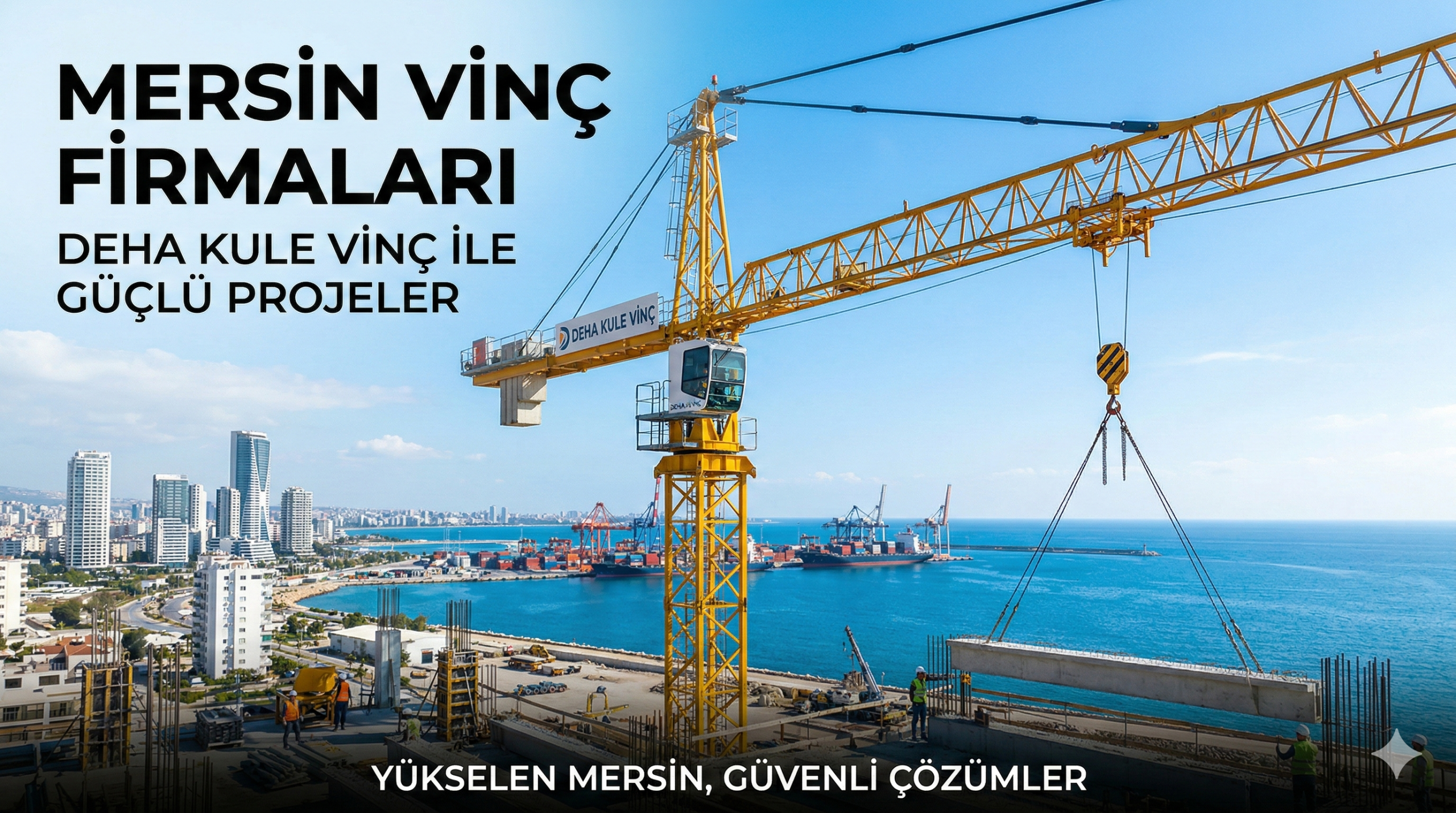 Mersin sahil şeridinde bir inşaat projesinde kurulu olan Deha Kule Vinç firmasına ait sarı kule vinç ve Mersin liman manzarası.