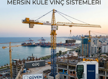 Mersin vinç firmaları arasında lider Deha Kule Vinç ile şantiye sahasında güvenli kule vinç kurulumu ve liman manzarası.