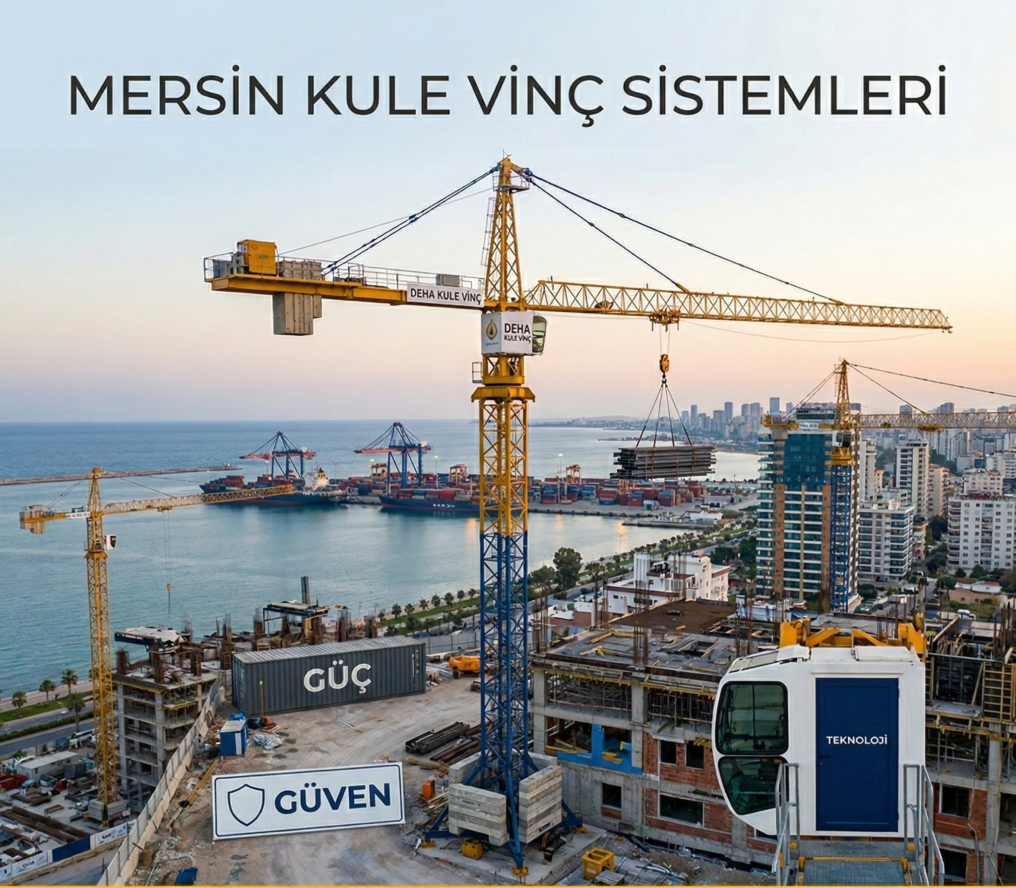 Mersin vinç firmaları arasında lider Deha Kule Vinç ile şantiye sahasında güvenli kule vinç kurulumu ve liman manzarası.