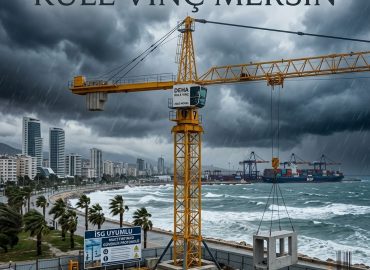 Kule Vinç Mersin projeleri için Mart fırtınasında Deha Kule Vinç tarafından sunulan İSG uyumlu kule vinç kiralama hizmeti ve Mersin silüeti.