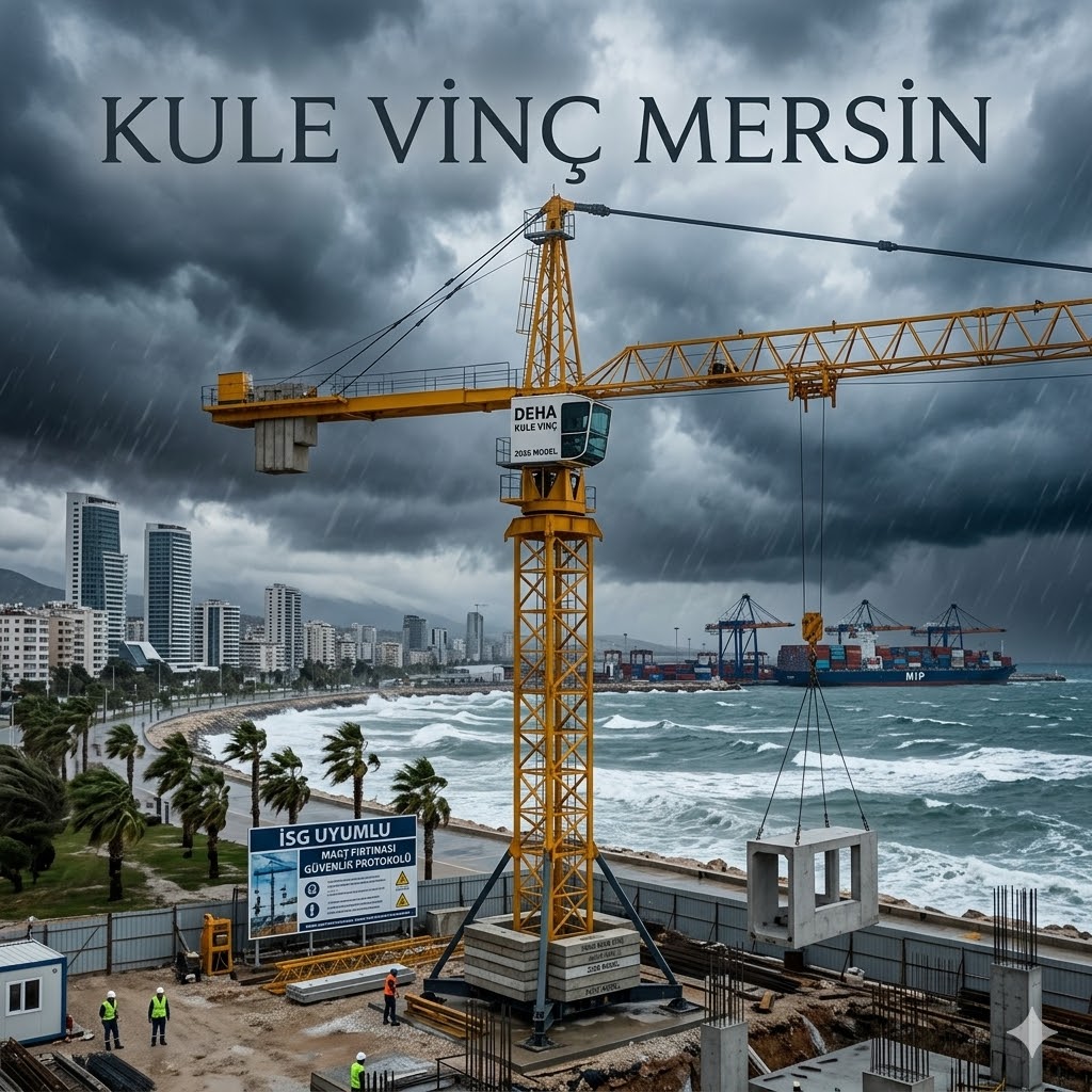Kule Vinç Mersin projeleri için Mart fırtınasında Deha Kule Vinç tarafından sunulan İSG uyumlu kule vinç kiralama hizmeti ve Mersin silüeti.