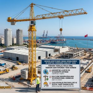 Mersin konteyner limanı genişlemesi şantiyesinde kule vinç mersin operasyonu ve 2026 güvenlik protokolleri panosu.