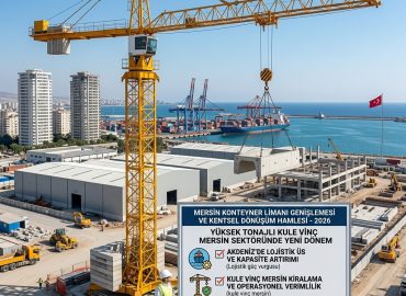 Mersin konteyner limanı genişlemesi şantiyesinde kule vinç mersin operasyonu ve 2026 güvenlik protokolleri panosu.