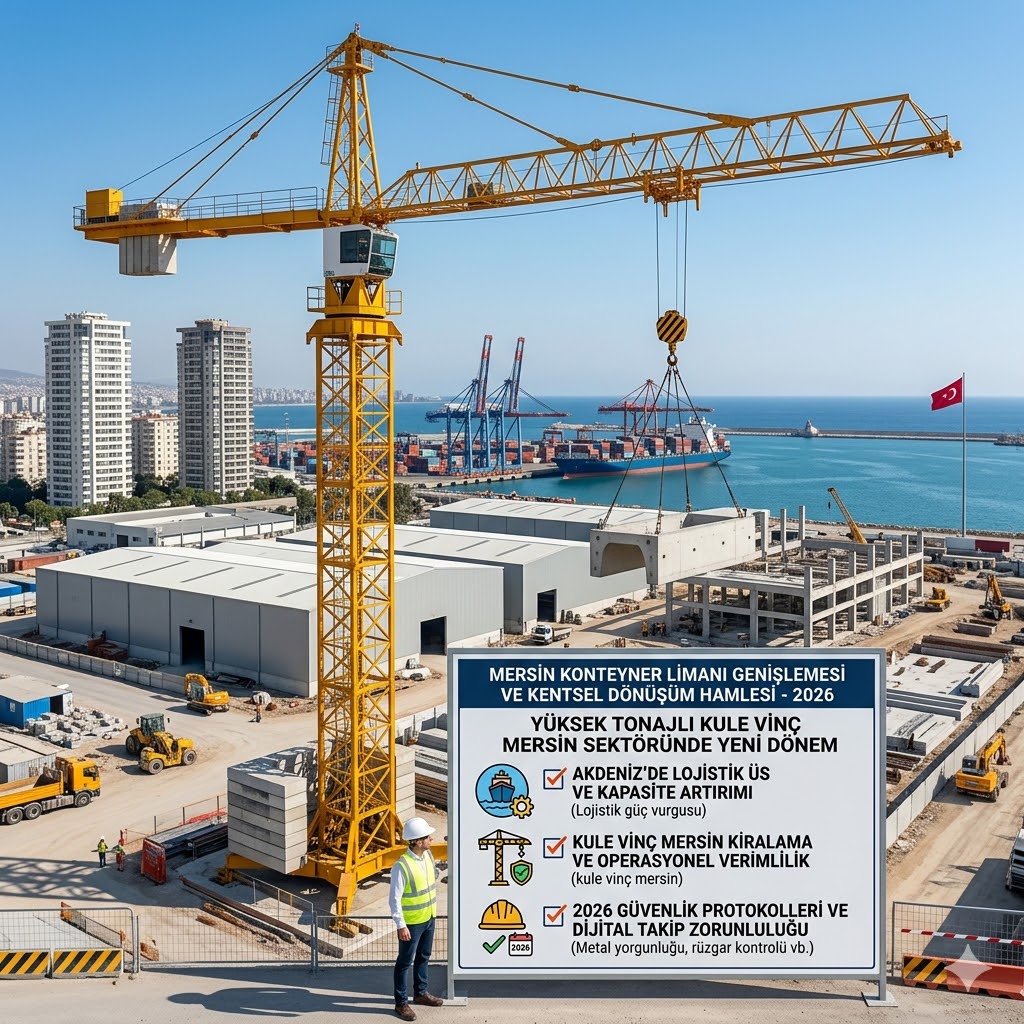 Mersin konteyner limanı genişlemesi şantiyesinde kule vinç mersin operasyonu ve 2026 güvenlik protokolleri panosu.