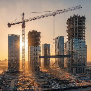Kule vinç teknolojisi 2026 yılında şehir silüetlerinde akıllı sistemlerle inşaat alanında yükselen modern kule vinç görseli