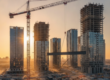 Kule vinç teknolojisi 2026 yılında şehir silüetlerinde akıllı sistemlerle inşaat alanında yükselen modern kule vinç görseli