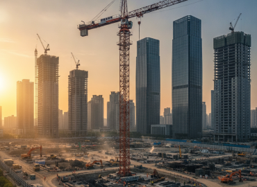 Çin kule vinç ihracatı dalgası - Asya şehir silüetinde inşaat sahası