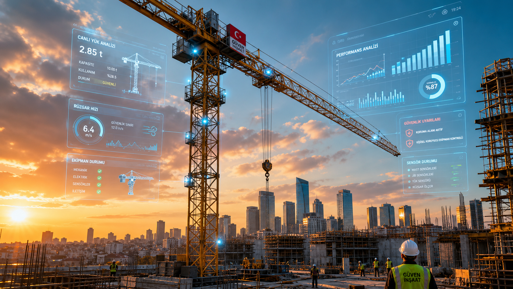 Kule vinç inovasyon trendleri 2026-2034 - Akıllı IoT sensörler ve dijital ekranla donatılmış modern kule vinç