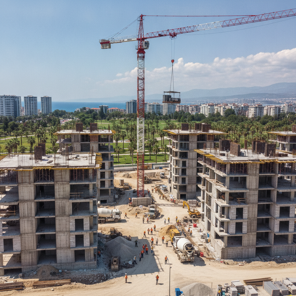Adana Mersin inşaat projeleri kule vinç - şantiye alanında kule vinç ile yüksek katlı bina inşaatı
