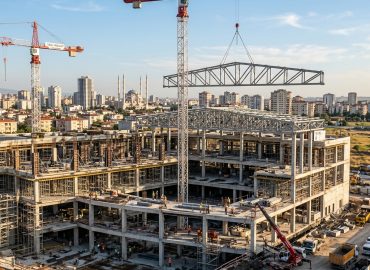 Adana alışveriş merkezi inşaatında kule vinç ile çelik makas montajı