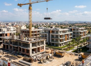 Adana yatay mimari konut projesi şantiyesinde kule vinç ile modern site inşaatı
