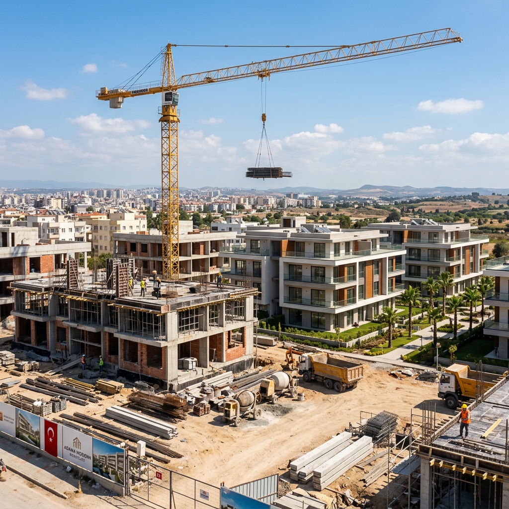 Adana yatay mimari konut projesi şantiyesinde kule vinç ile modern site inşaatı