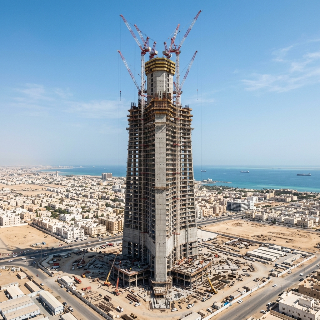 Dünyanın en yüksek binası Jeddah Tower inşaatında kule vinçler