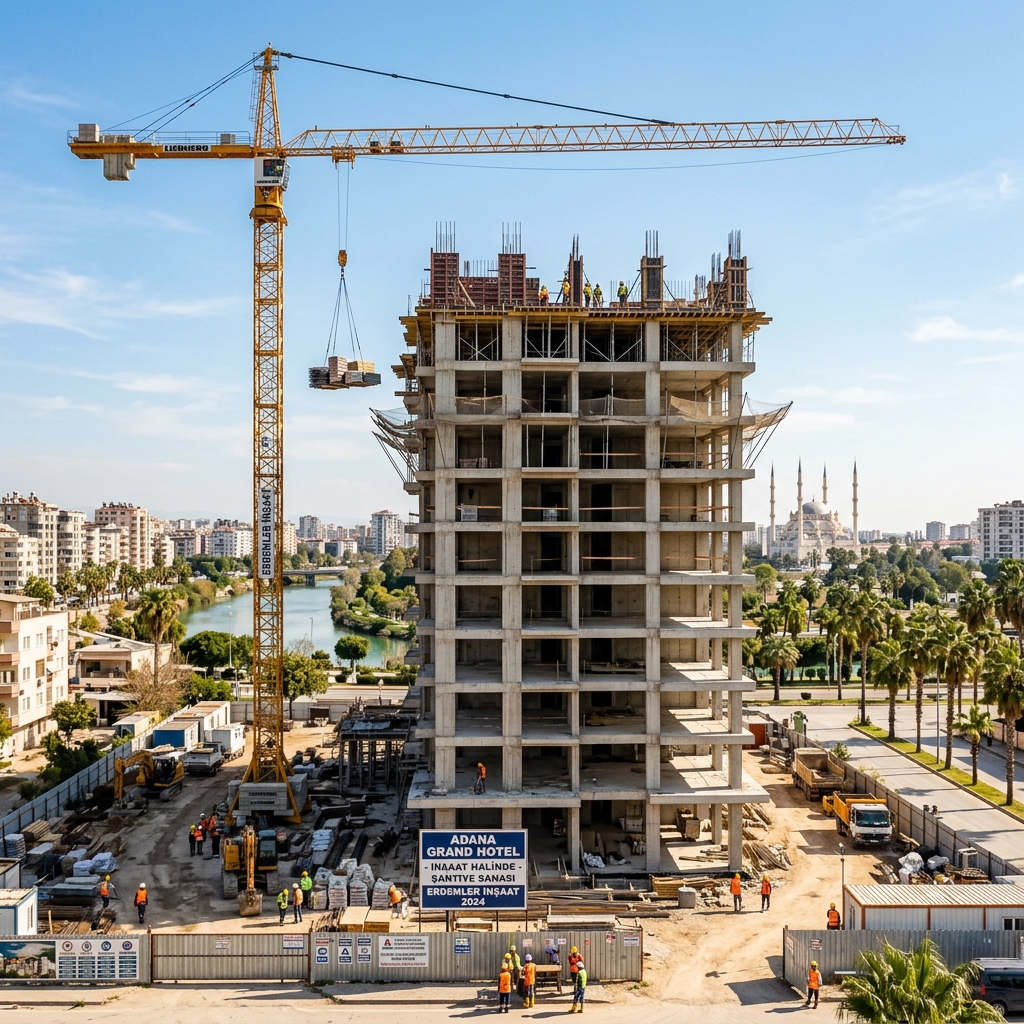 Adana otel inşaatında kule vinç kurulum ve çalışma alanı