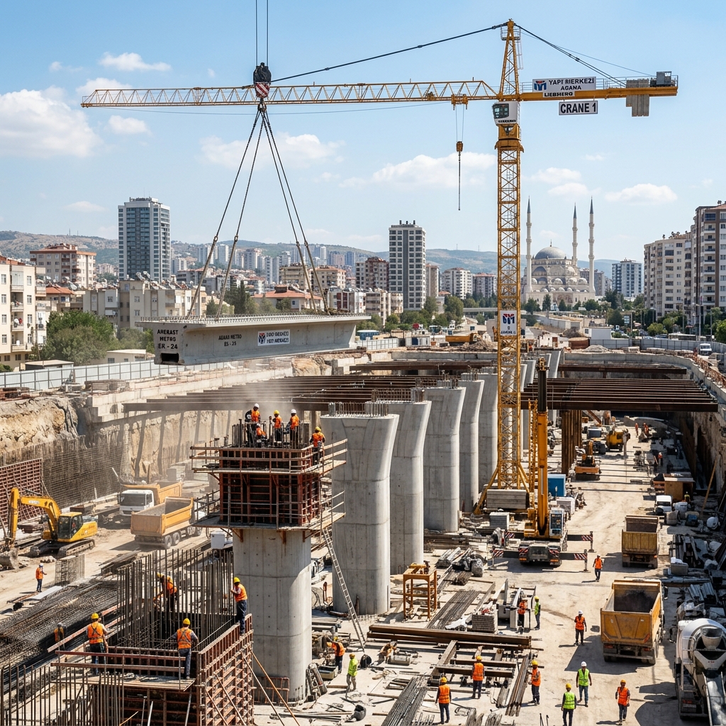 Adana metro inşaatı kule vinç ile istasyon şantiyesi