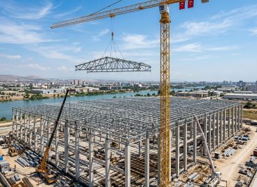 Adana tekstil fabrikası inşaatında kule vinç ile çelik çatı montajı