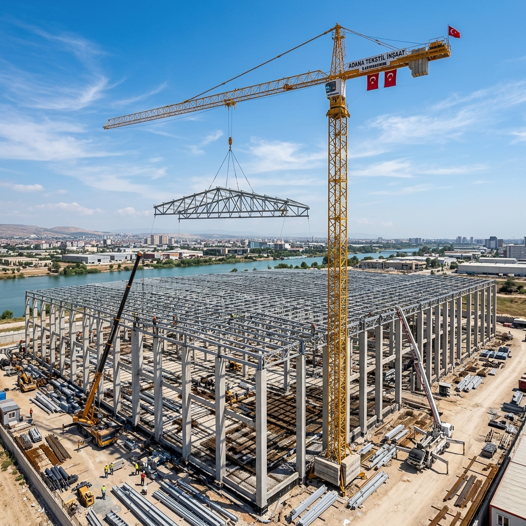Adana tekstil fabrikası inşaatında kule vinç ile çelik çatı montajı