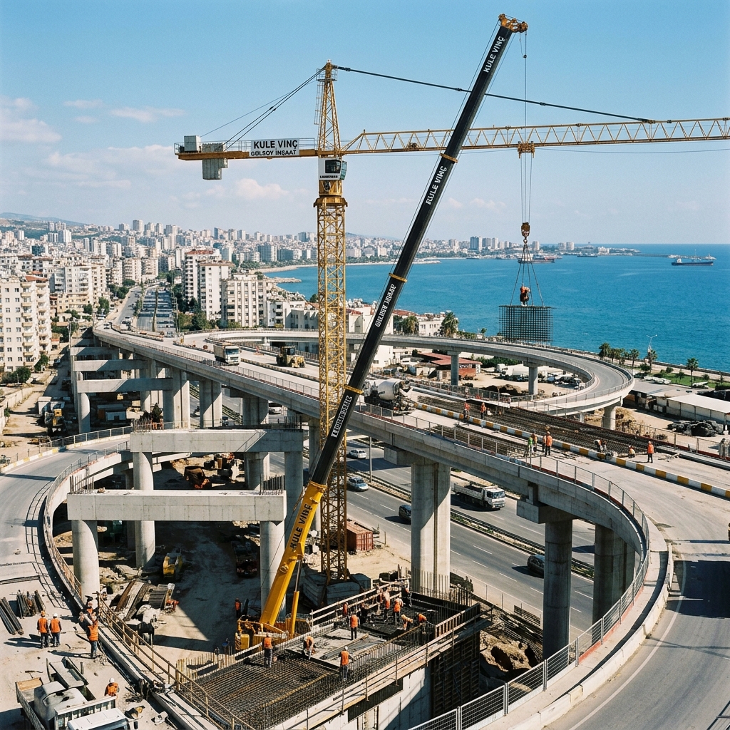 Mersin katlı kavşak şantiyesinde kule vinç operasyonu