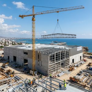 Mersin marina ve yat limanı inşaatında kule vinç ile betonarme montajı