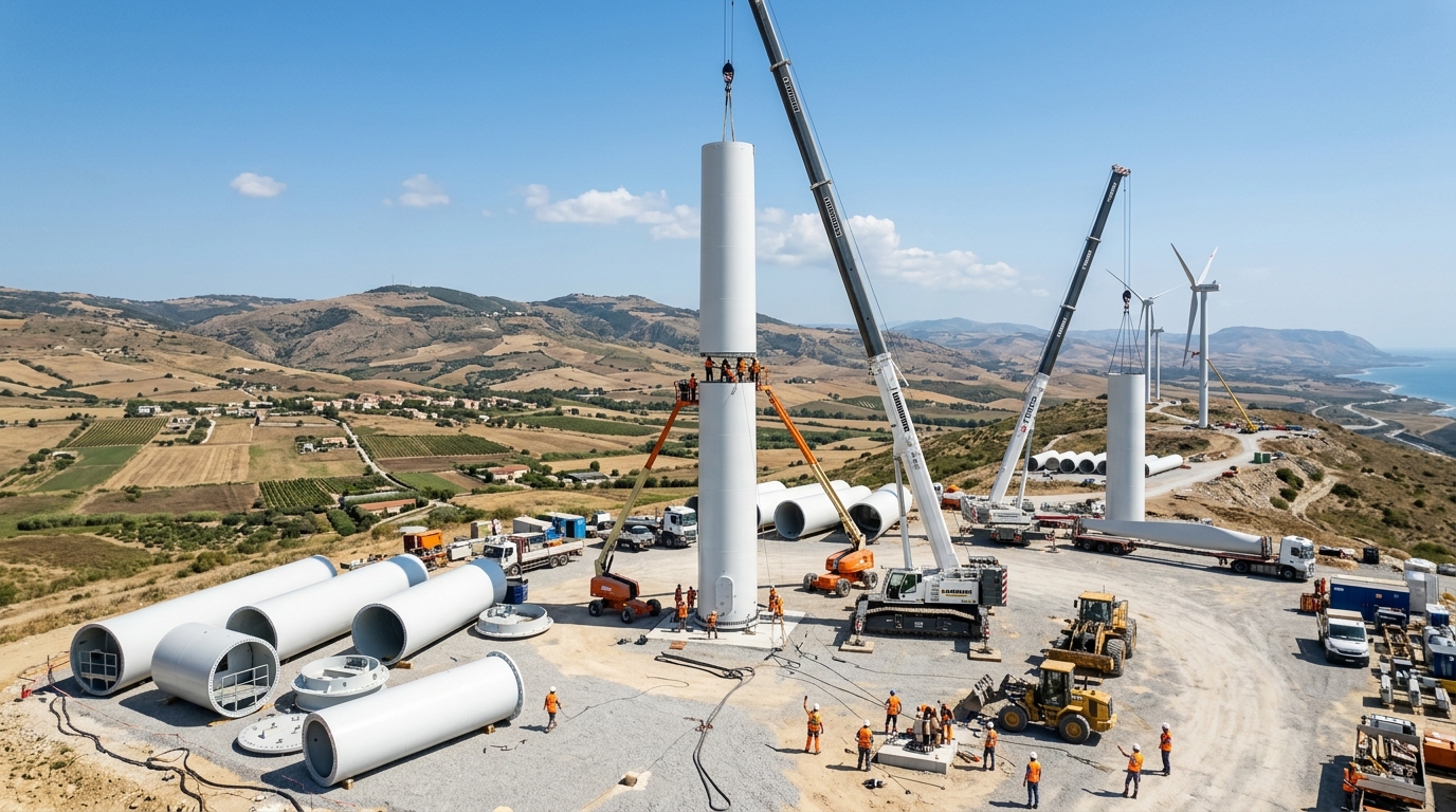 RES kule vinç ile rüzgar enerjisi santrali kule segment montajı sahası
