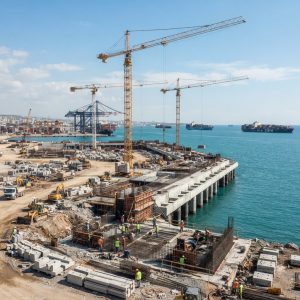 Mersin Limanı genişleme inşaatında kule vinç ile dolgu ve iskele çalışmaları