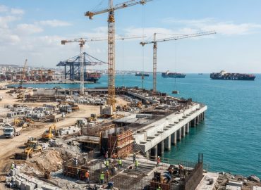 Mersin Limanı genişleme inşaatında kule vinç ile dolgu ve iskele çalışmaları