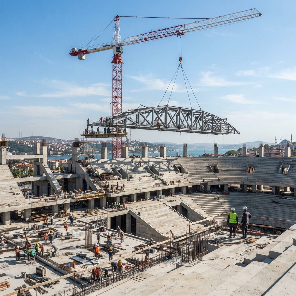 Kule vinc stadyum insaati santiyesinde kule vinc mesaisi